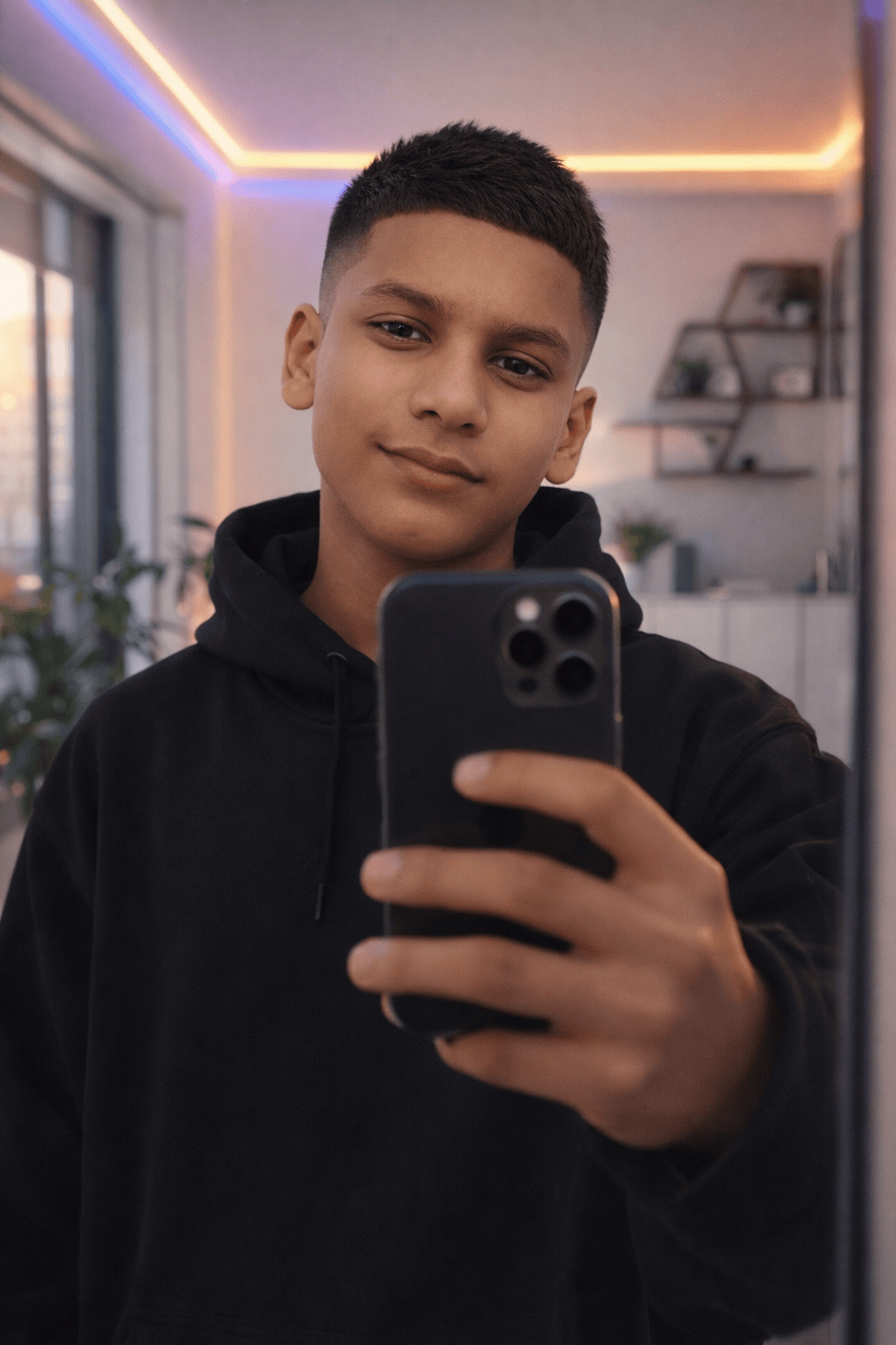 A boy stand with iPhone