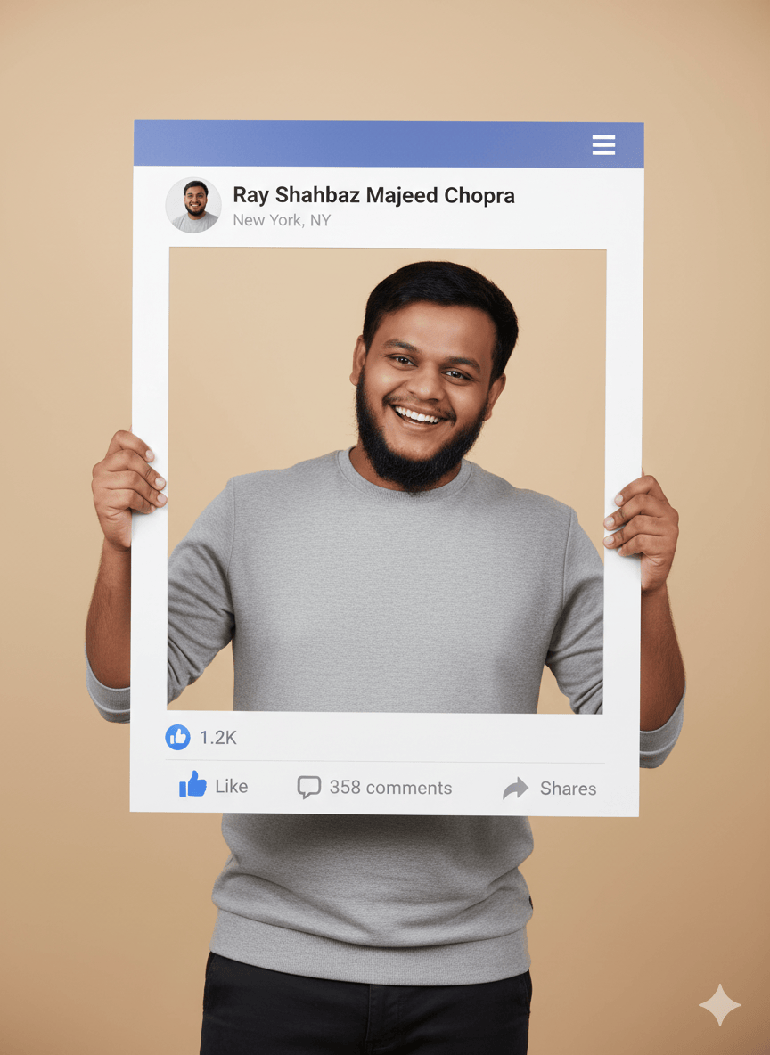 A cheerful man holding a Facebook frame with Ray Shahbaz Majeed Chopras profile