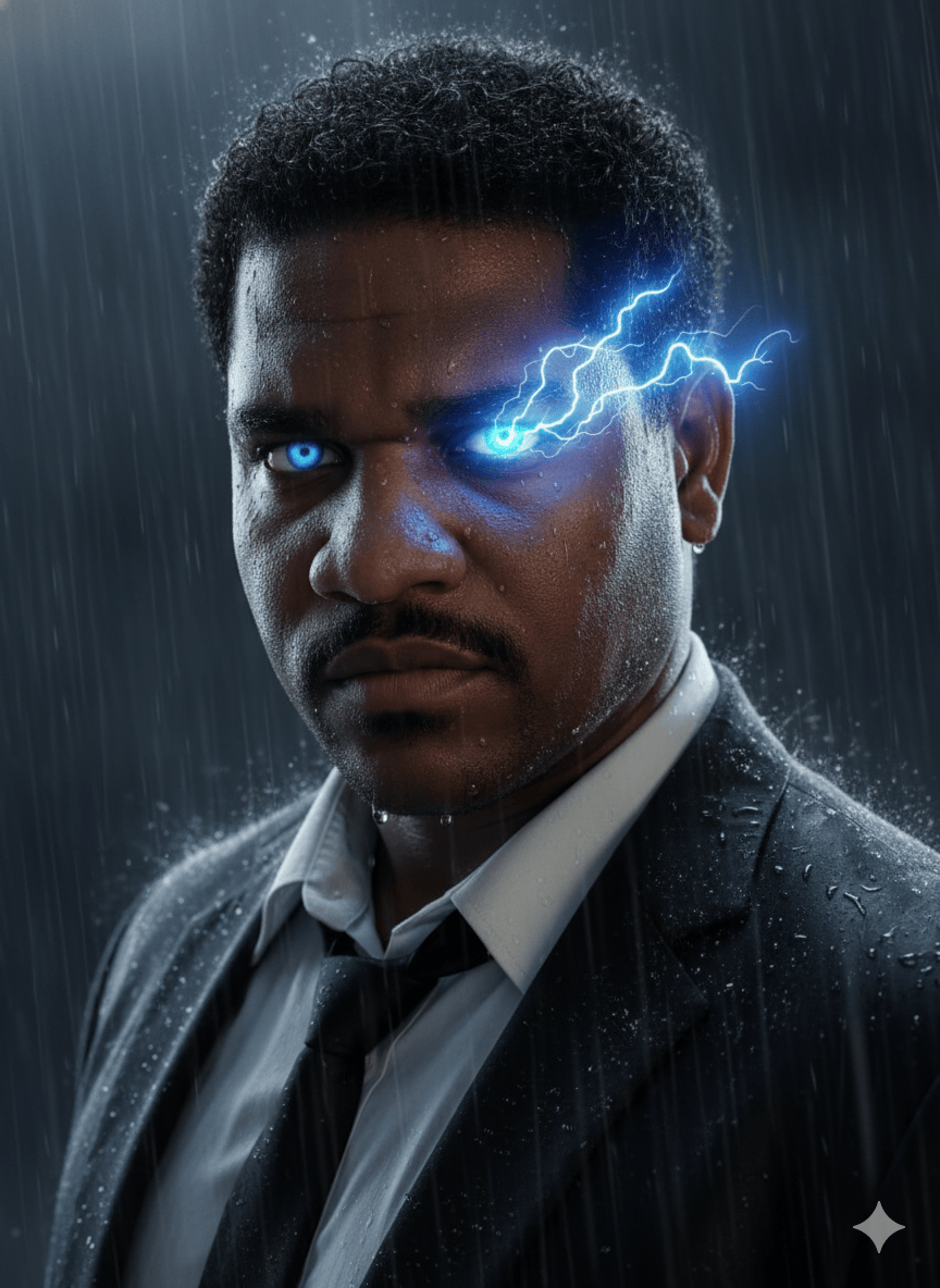 A dramatic image shows a handsome man