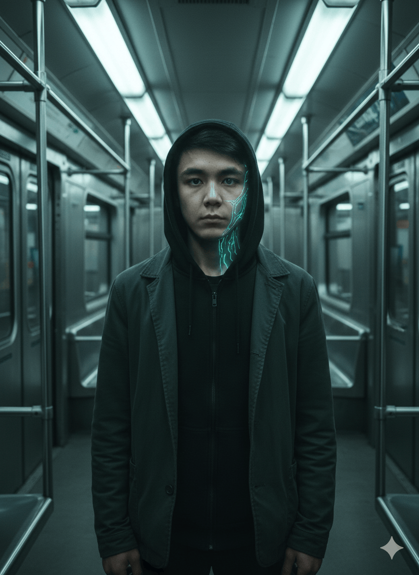 A hooded figure stands alone inside a moving subway train, centered and facing the camera. . Early-s