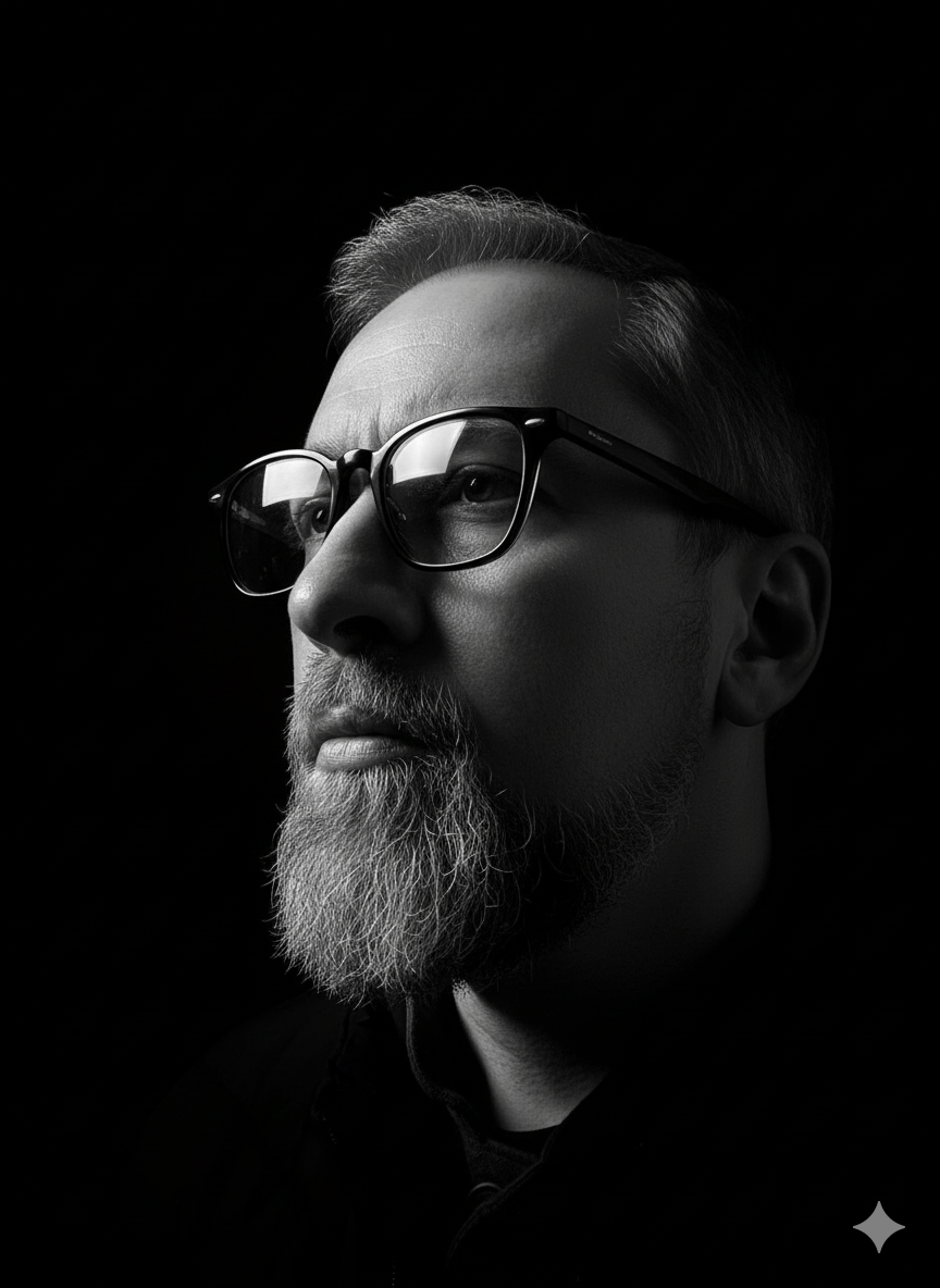 A hyper-realistic black-and-white portrait captured from a dramatic low angle.