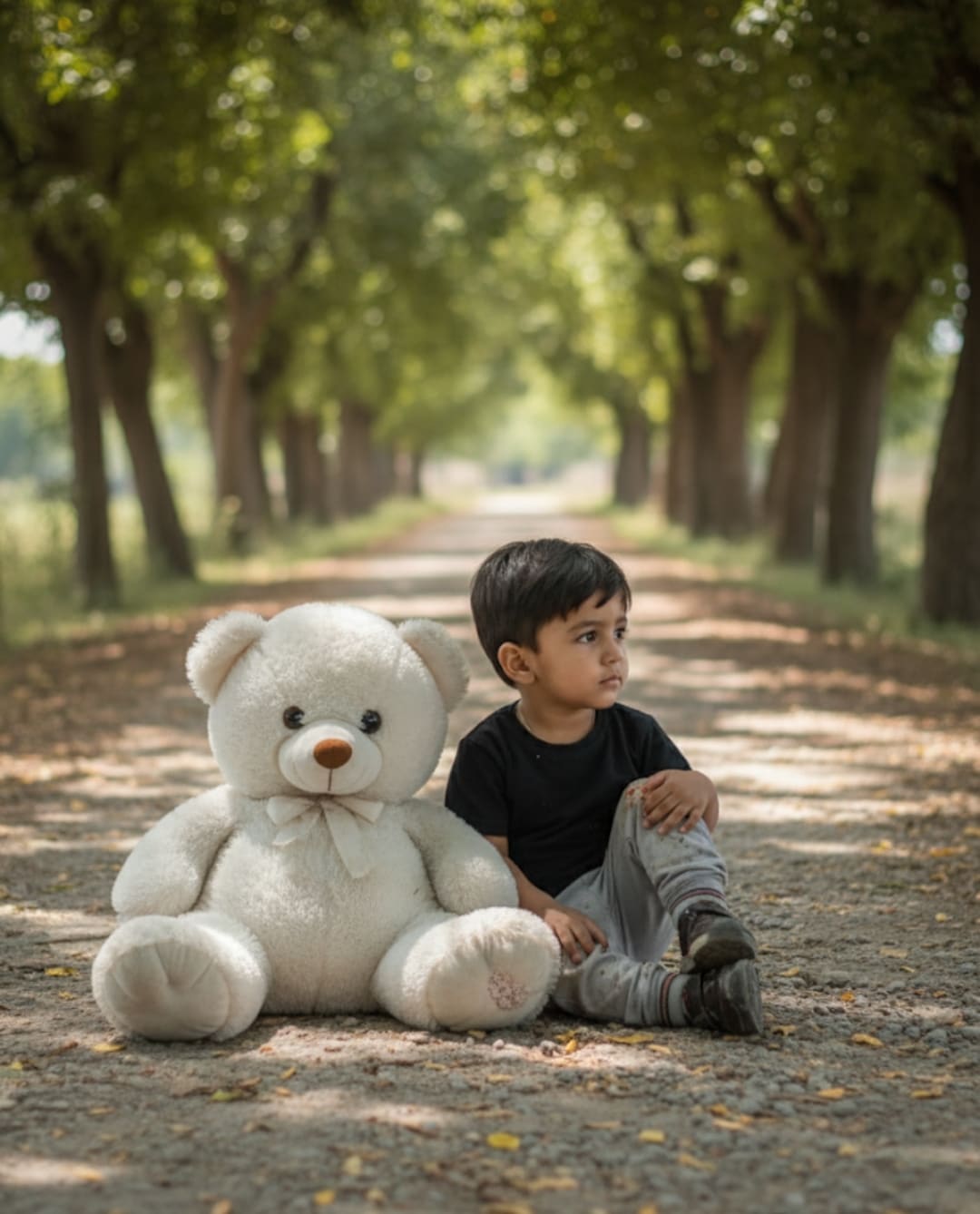 A kid sitting with teddy in forest