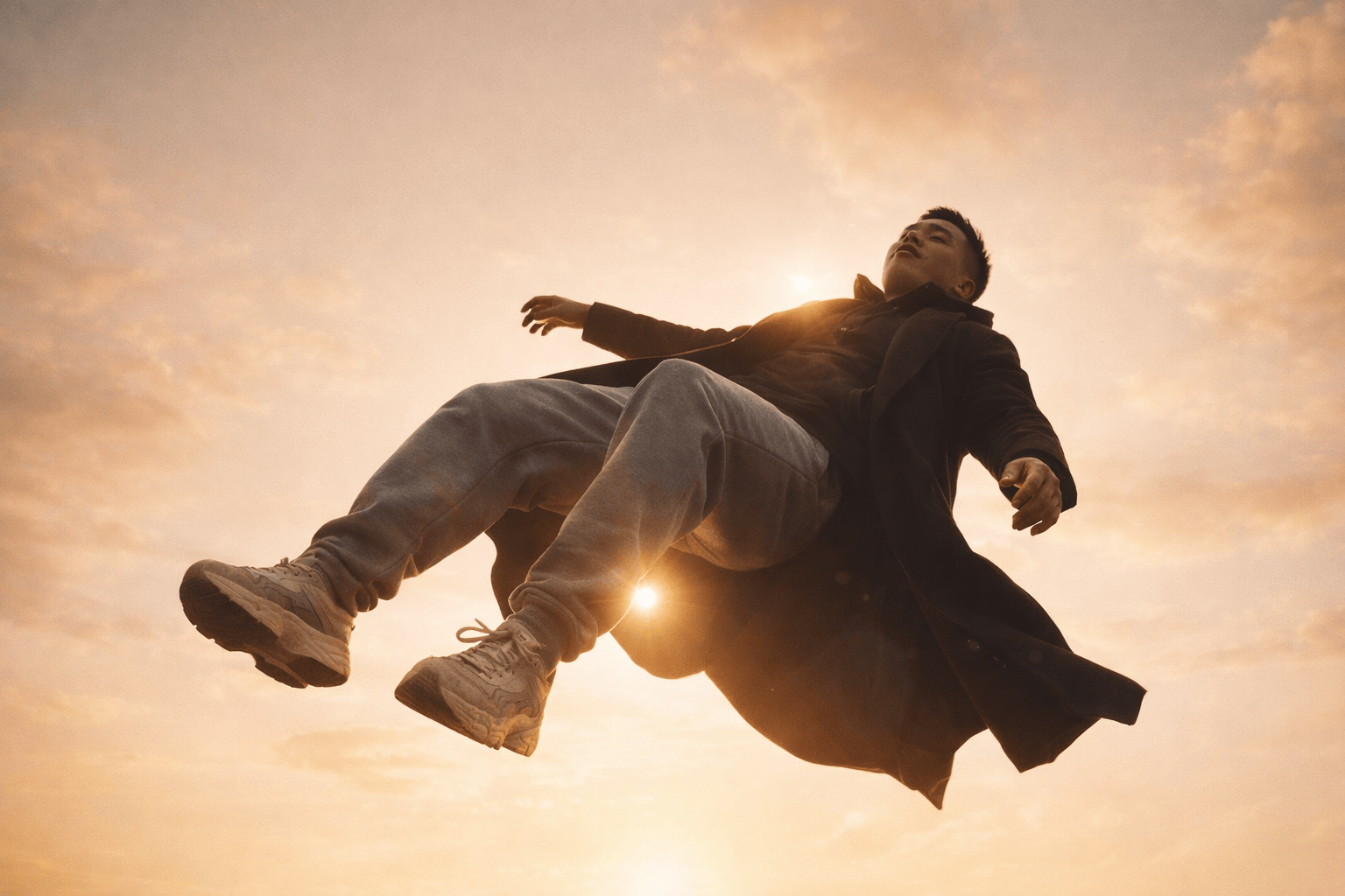 A man floating in mid-air as if falling backwards, full bodv, horizontal orientation. He is wearing