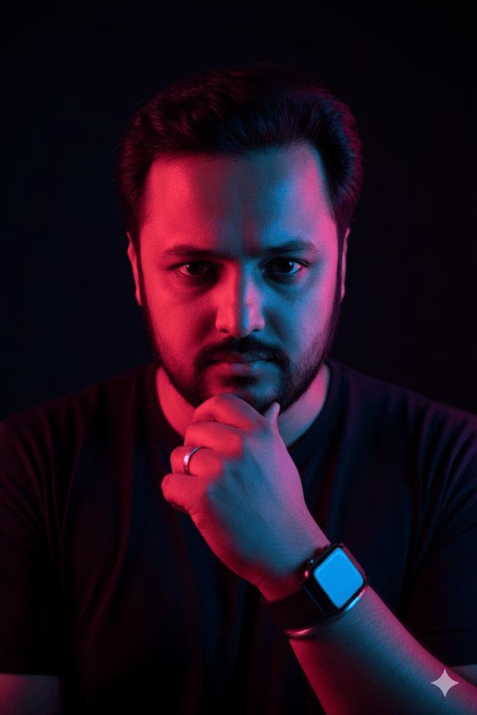 A Man with a beard, illuminated by dramatic dual-colored lighting.