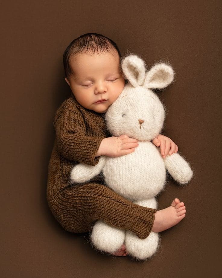 A newborn baby, solid brown with bunny toy