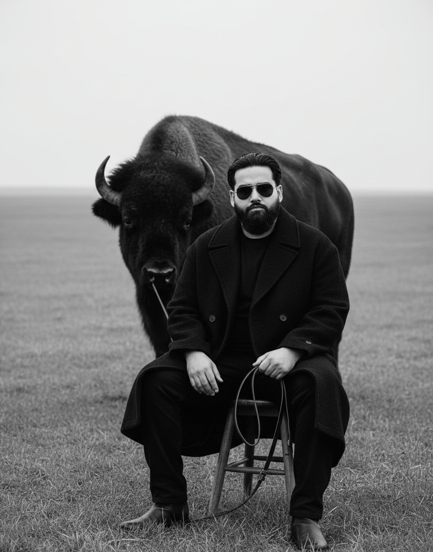 A Person with Bison in open field