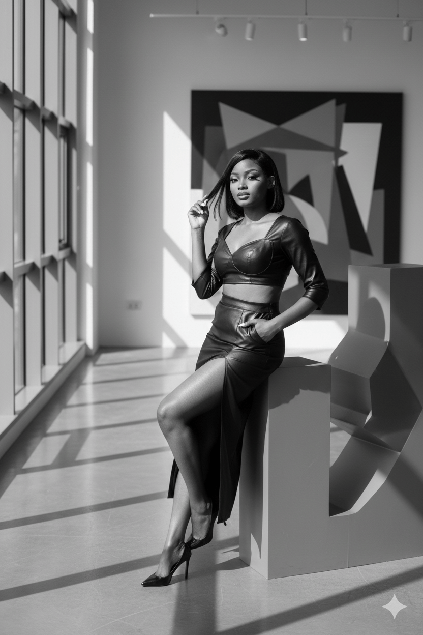 A tenso entre a geometria em tons frios e o couro.