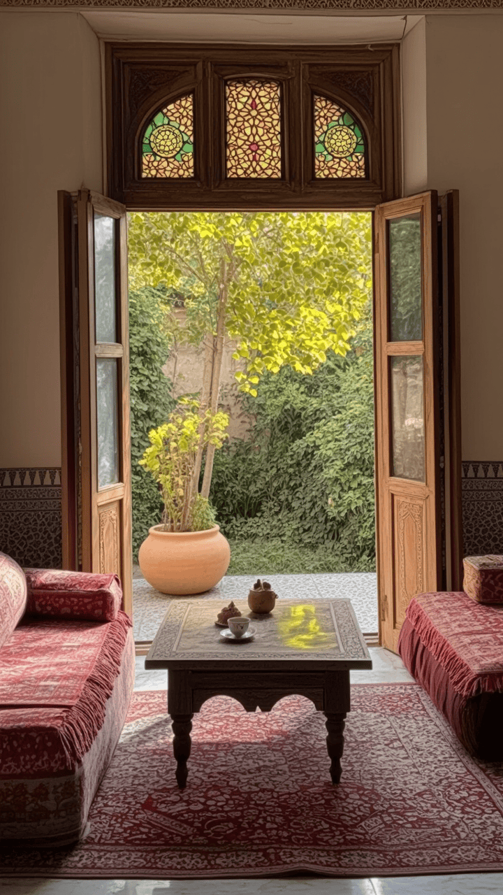 a traditional Middle Eastern-style house with a wooden door and intricate stained glass windows