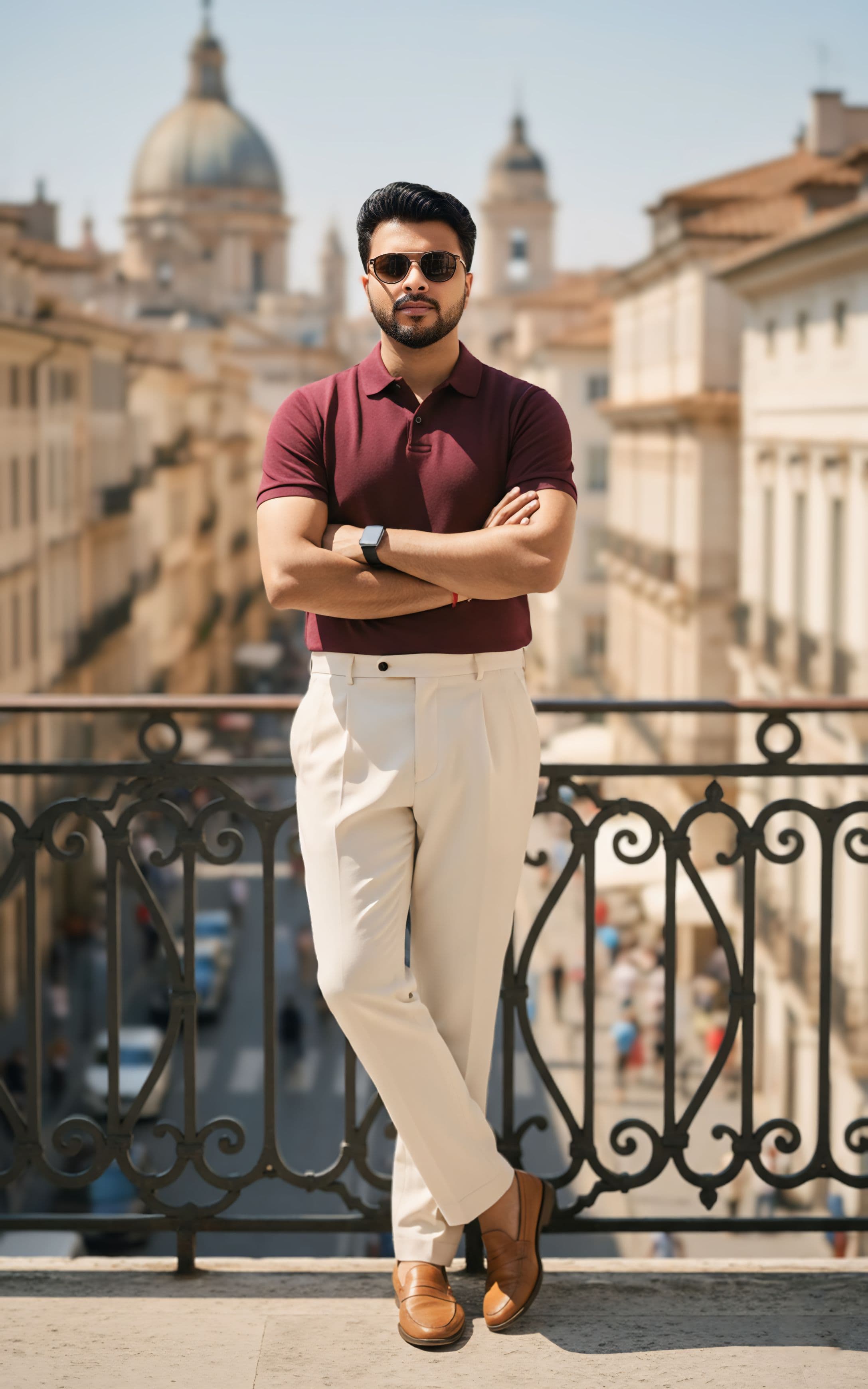 A well-dressed man standing on a balcony overlooking a historic street in a European city