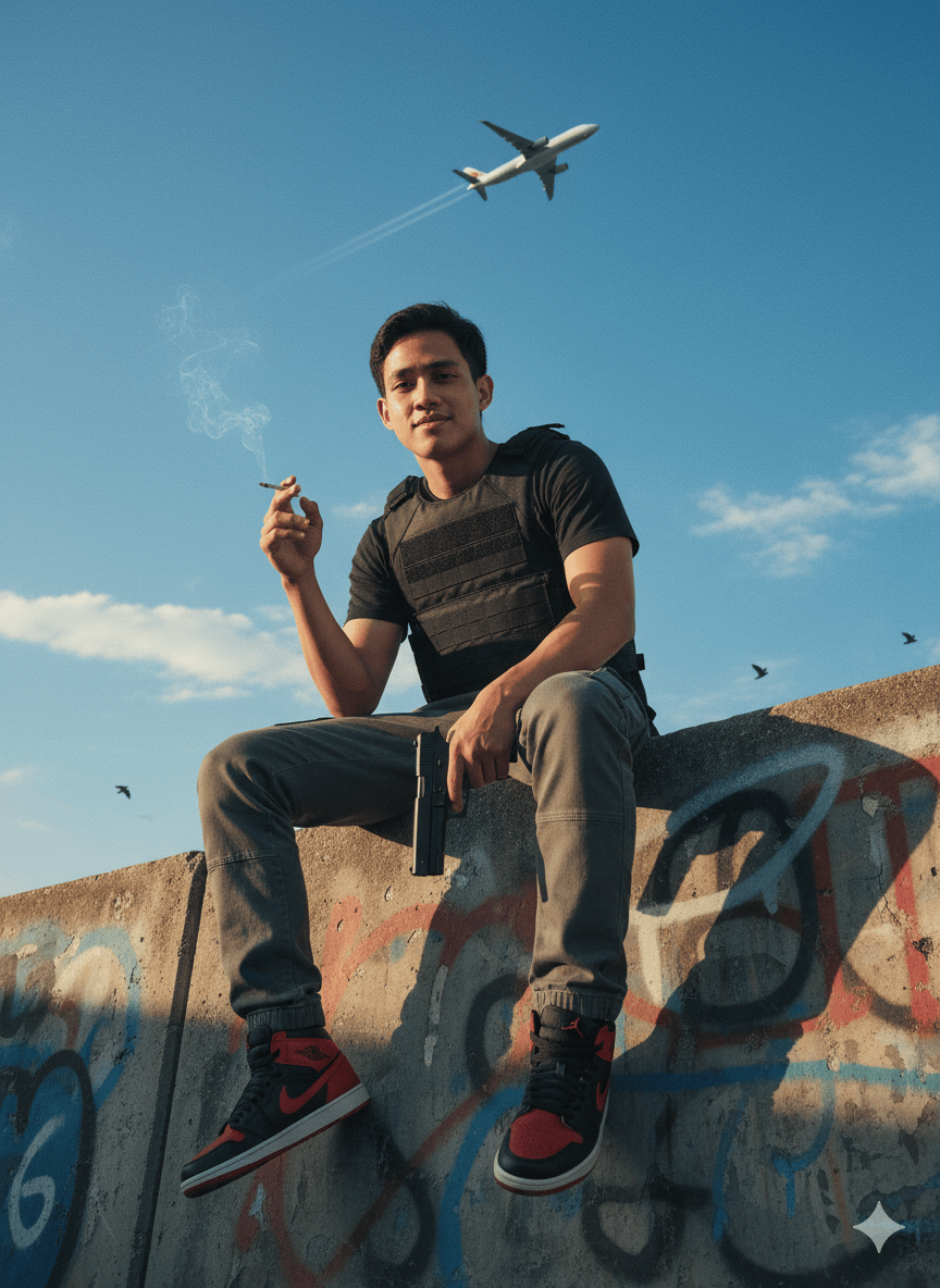 a young man is sitting on a wall holding a gun while smoking