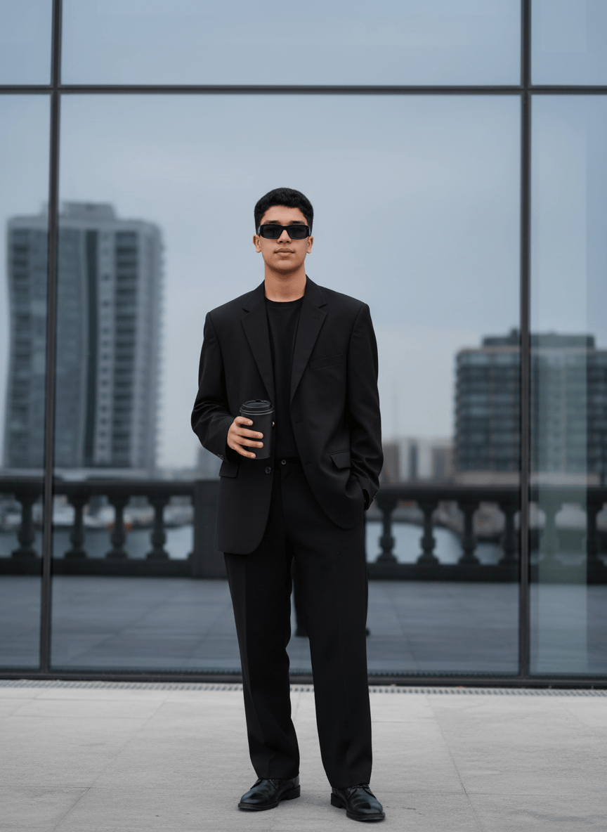 A young slim man face same as uploaded image in an outdoor caf at night. He i