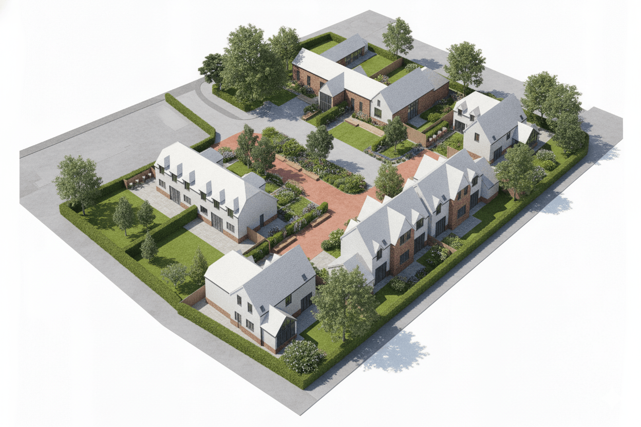Aerial Architectural Rendering of Residential Complex and Courtyard