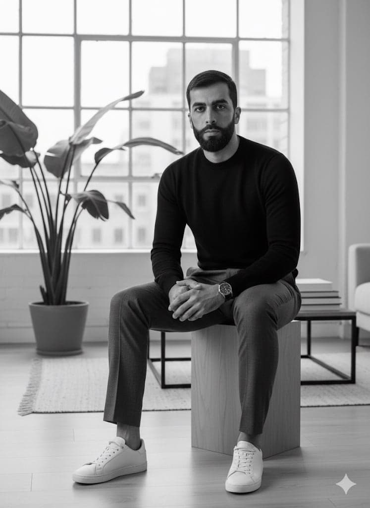 Black-and-white editorial portrait