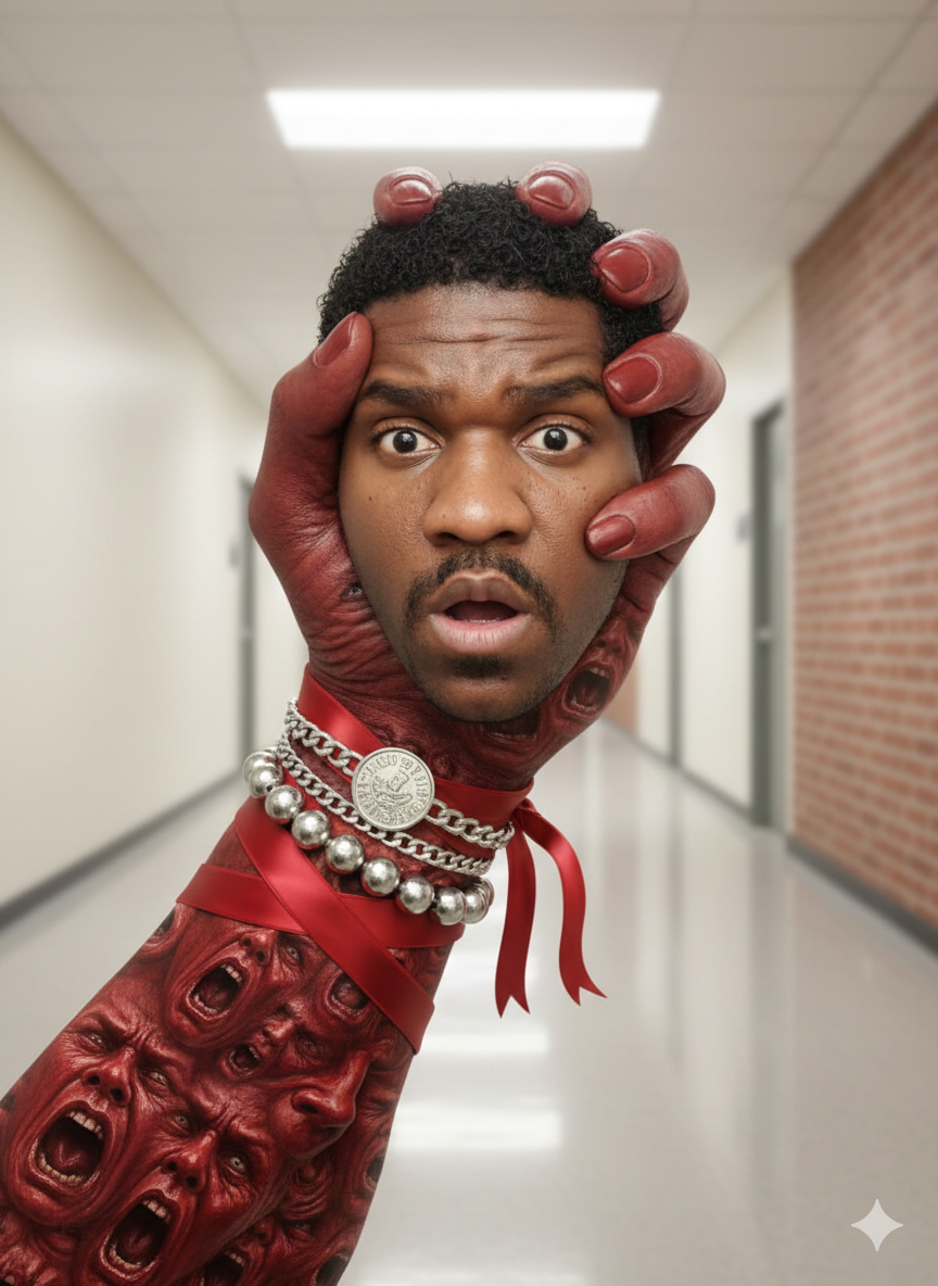 cabea dramaticamente sustentada por uma mo