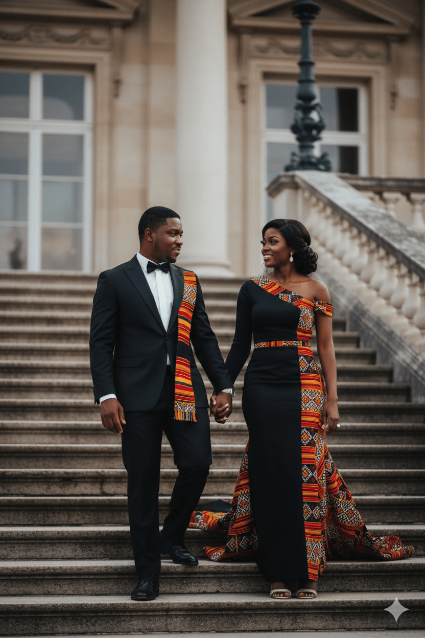 Casal elegante descendo uma escadaria