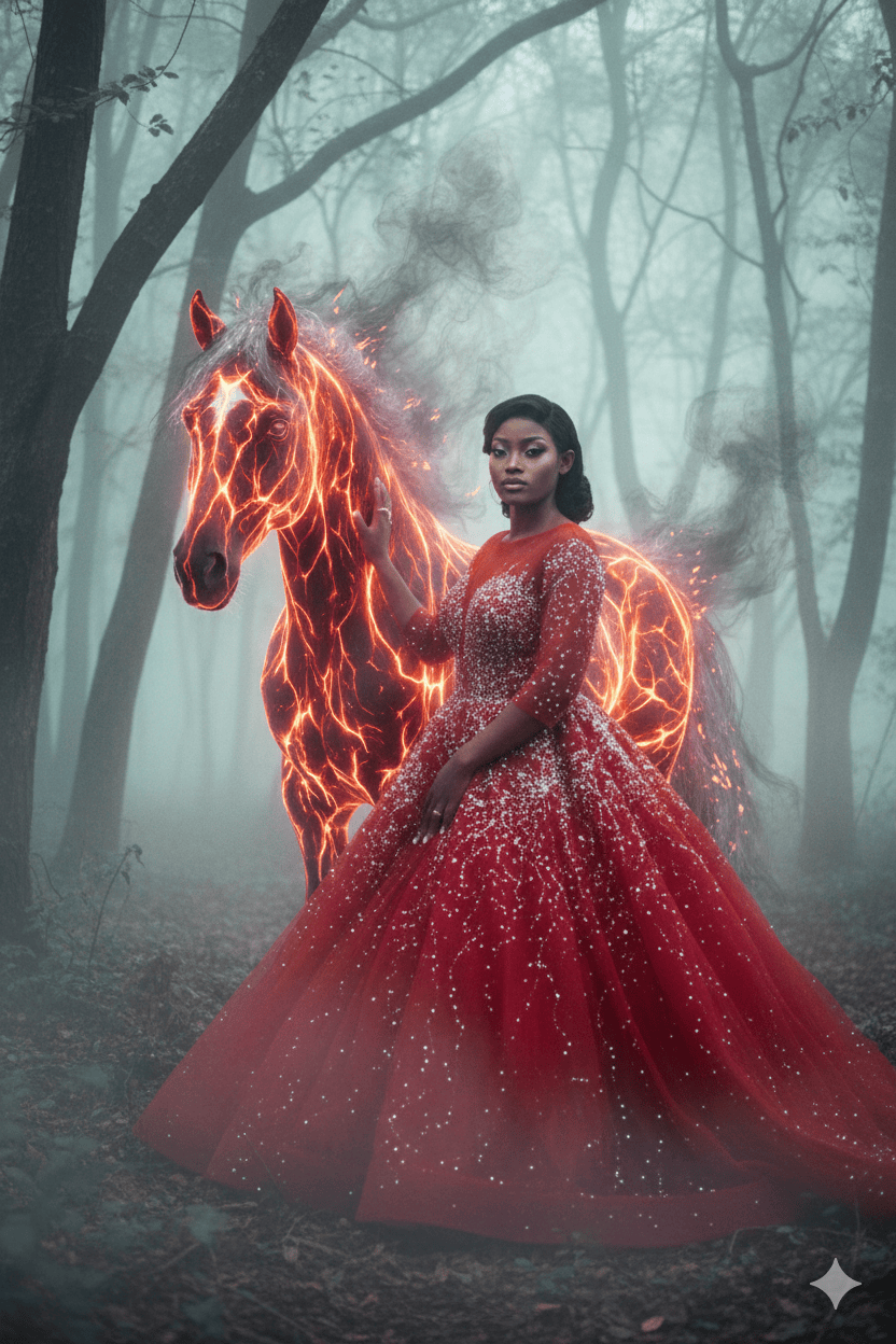 Cavalo fantasmagrico e brilhante.