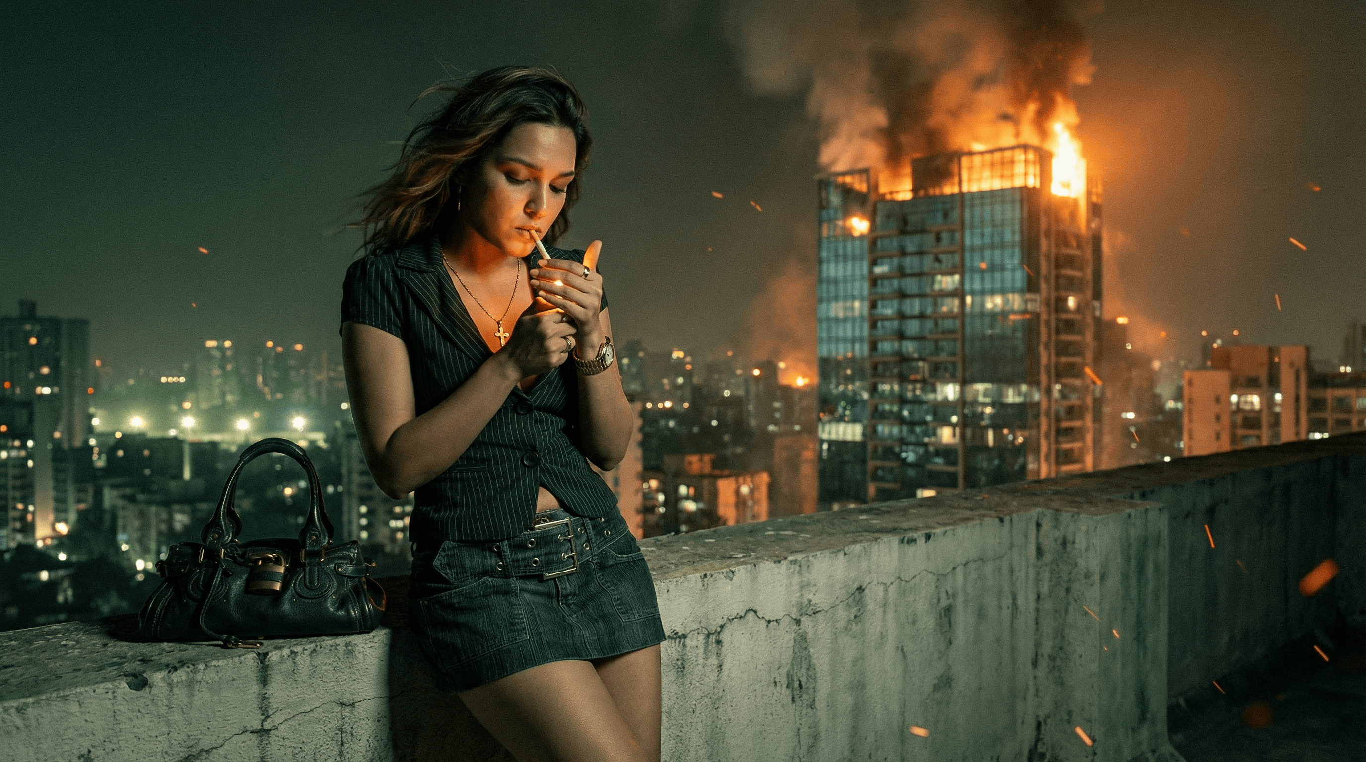 Cinematic building burning.