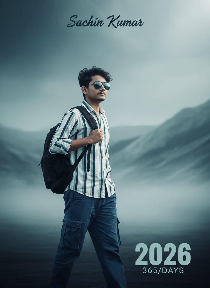 Cinematic New Year 2026 poster with young Indian man walking in misty landscape