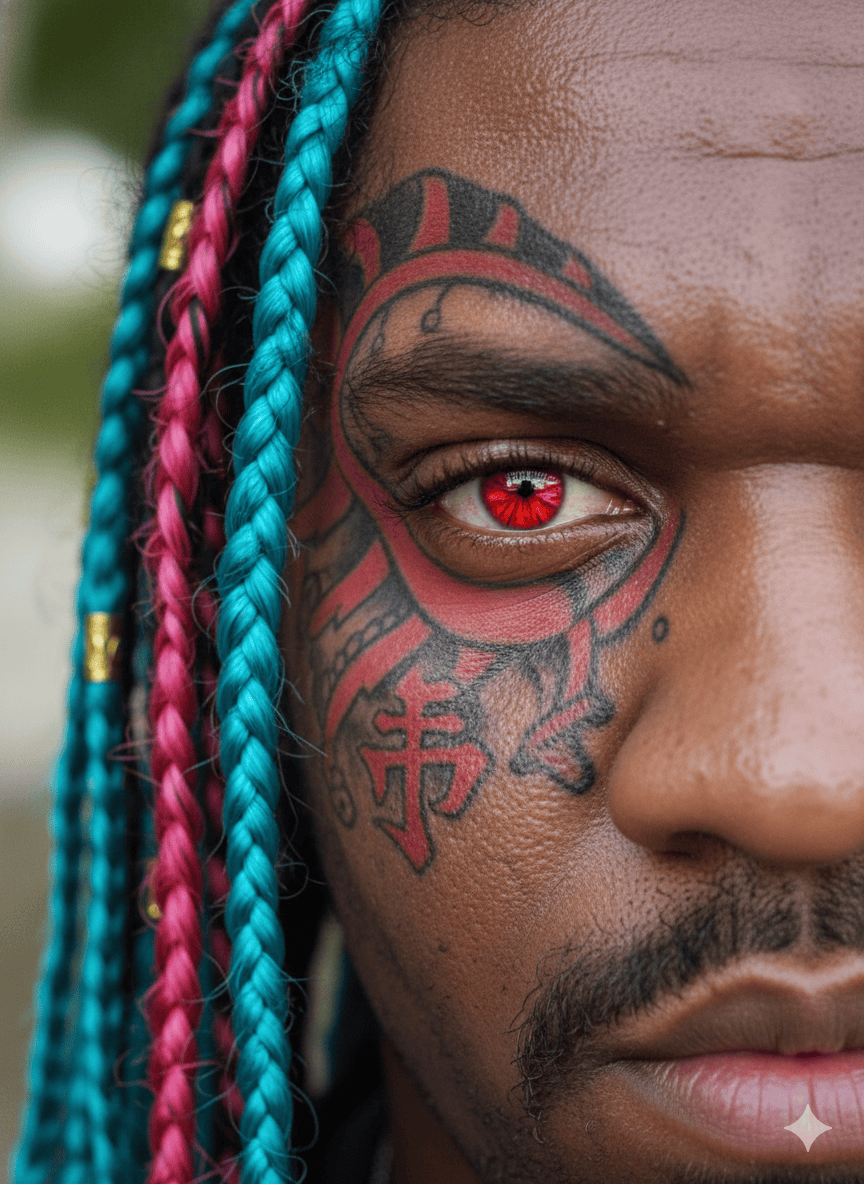 Close-up de um rosto adornado com tatuagens complexas