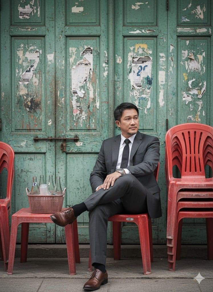 cross-legged on a red plastic chair