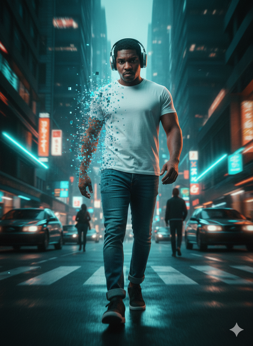 dissolving into glowing blue 3D pixels