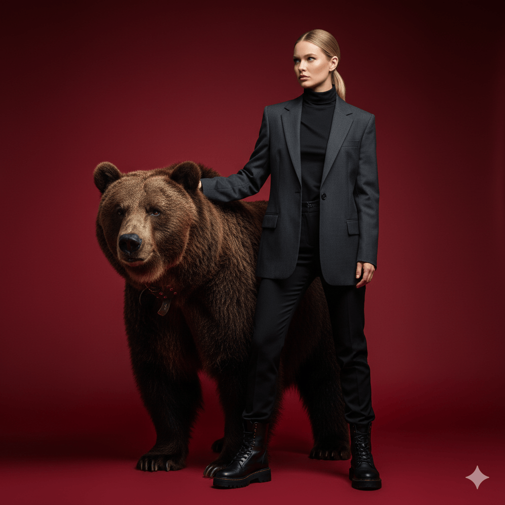 Elegance Meets the Wild: A Fashion Muse in the Company of a Bear