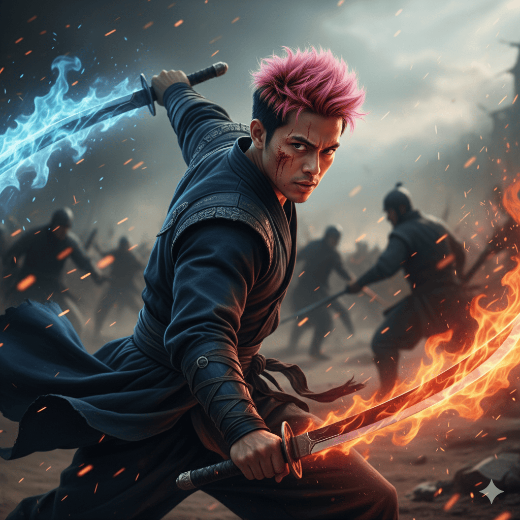 Fiery sword fighting action