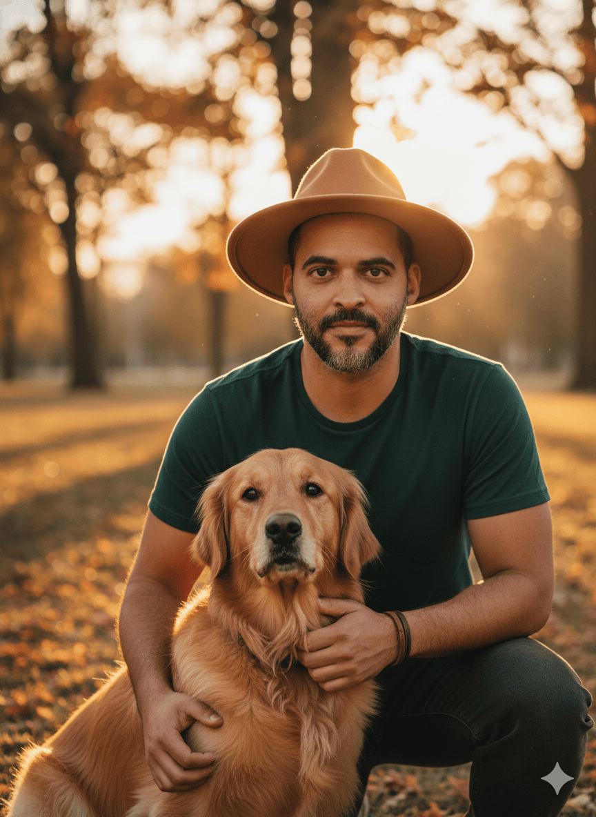 Foto de primavera e outono com homem e seu cachorro de estimao no parque