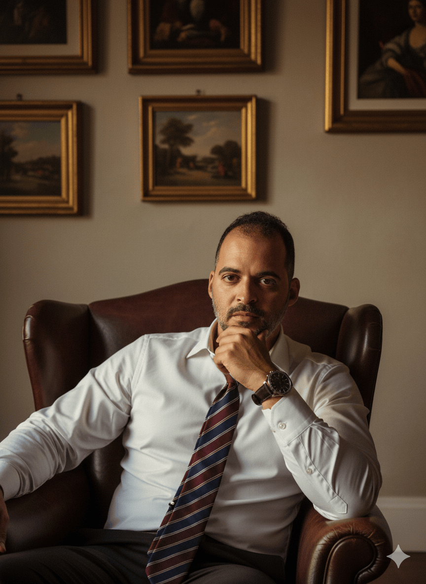 Foto realista natural de homem pensativo na poltrona de couro