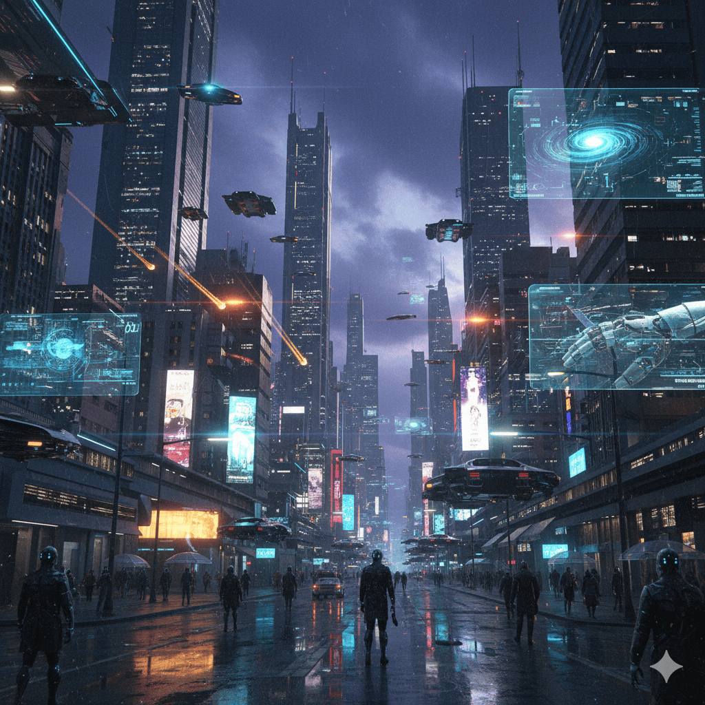 Futuristic cityscape at dawn. Blade Runner inspiration.
