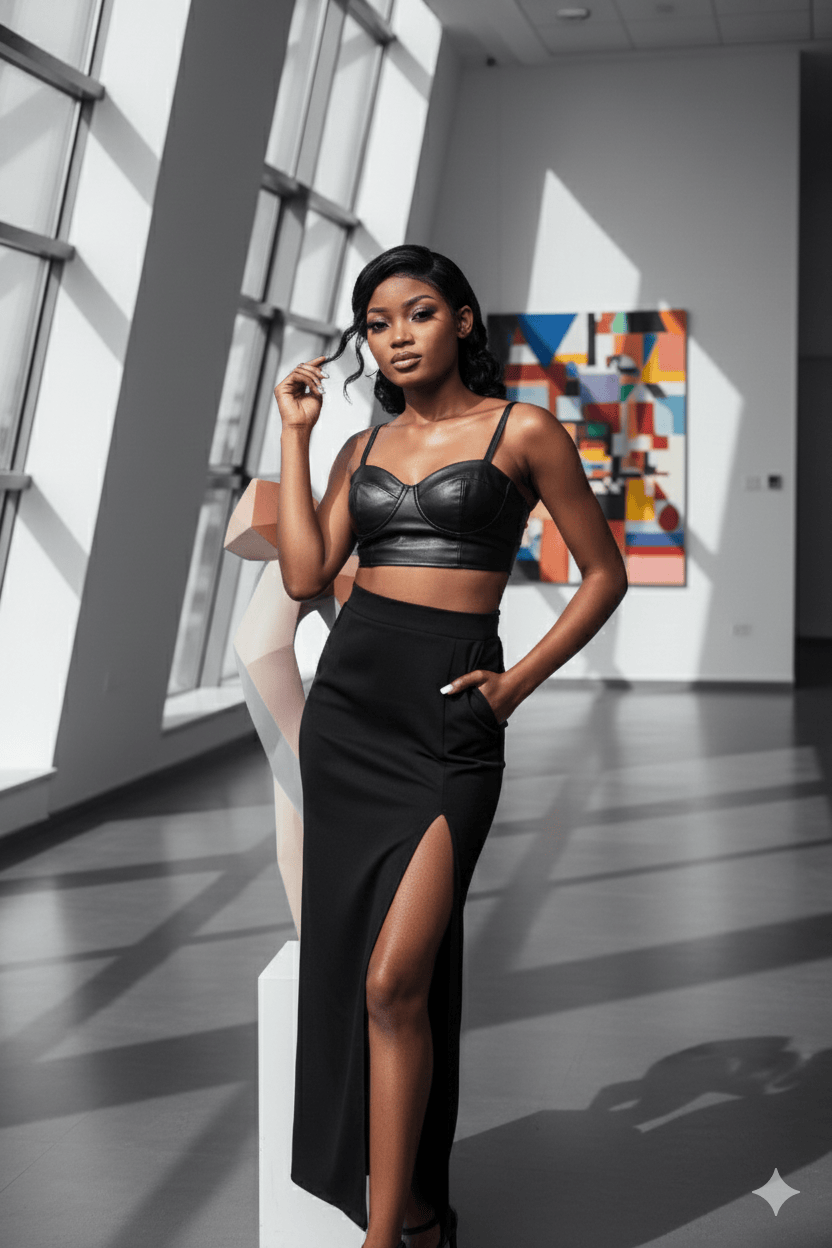 Geometria em tons frios e o couro.