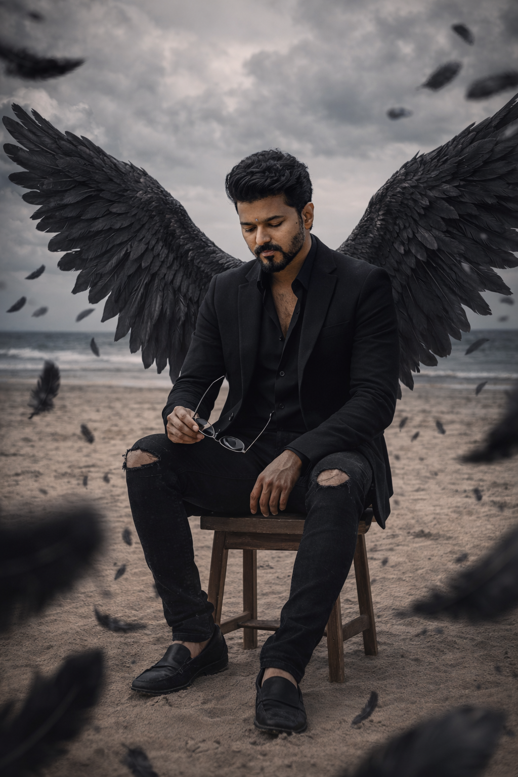 He is dressed in a stylish, monochromatic all-black ensemble comprising a fitted blazer