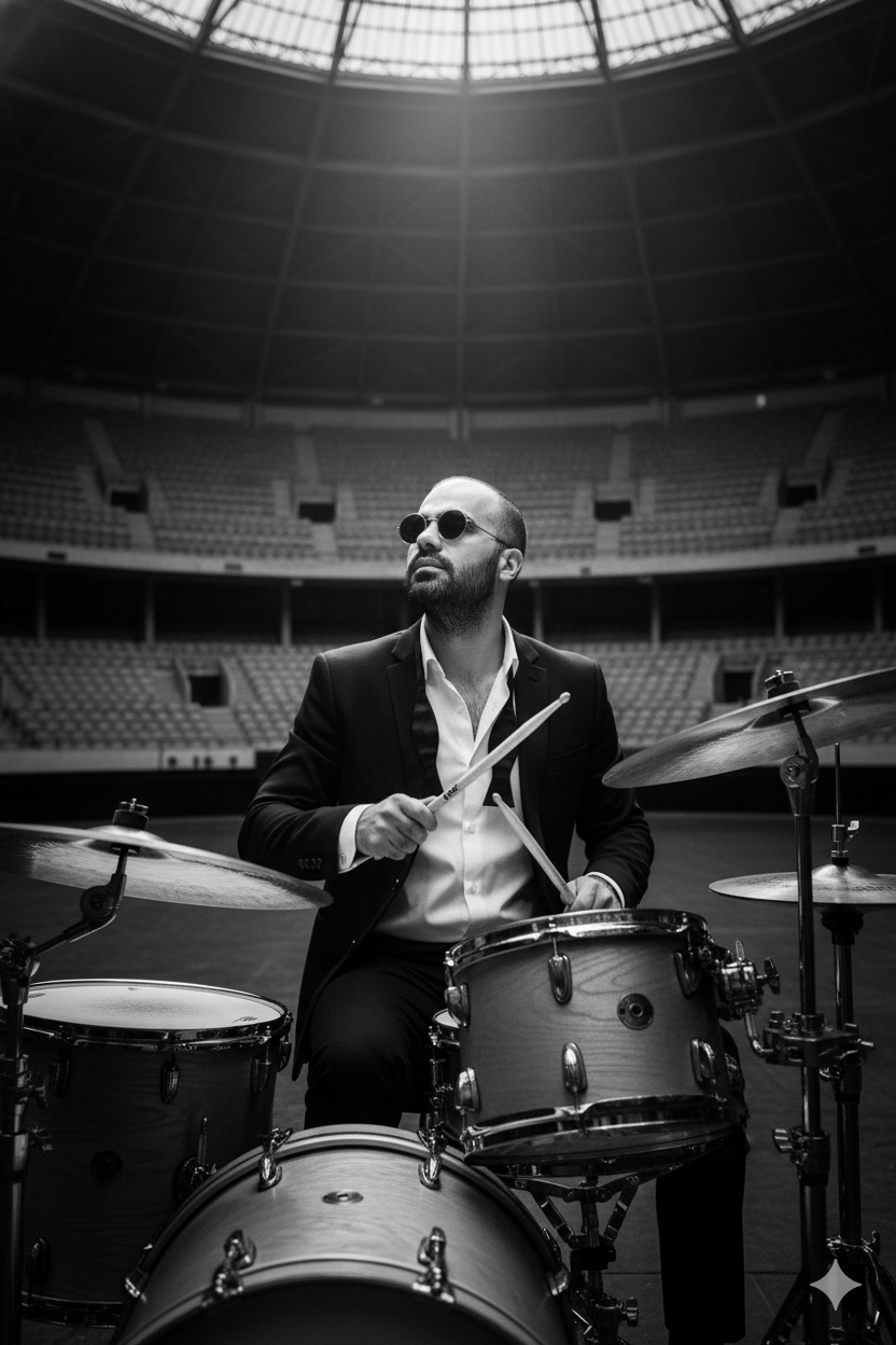 He is playing the drums