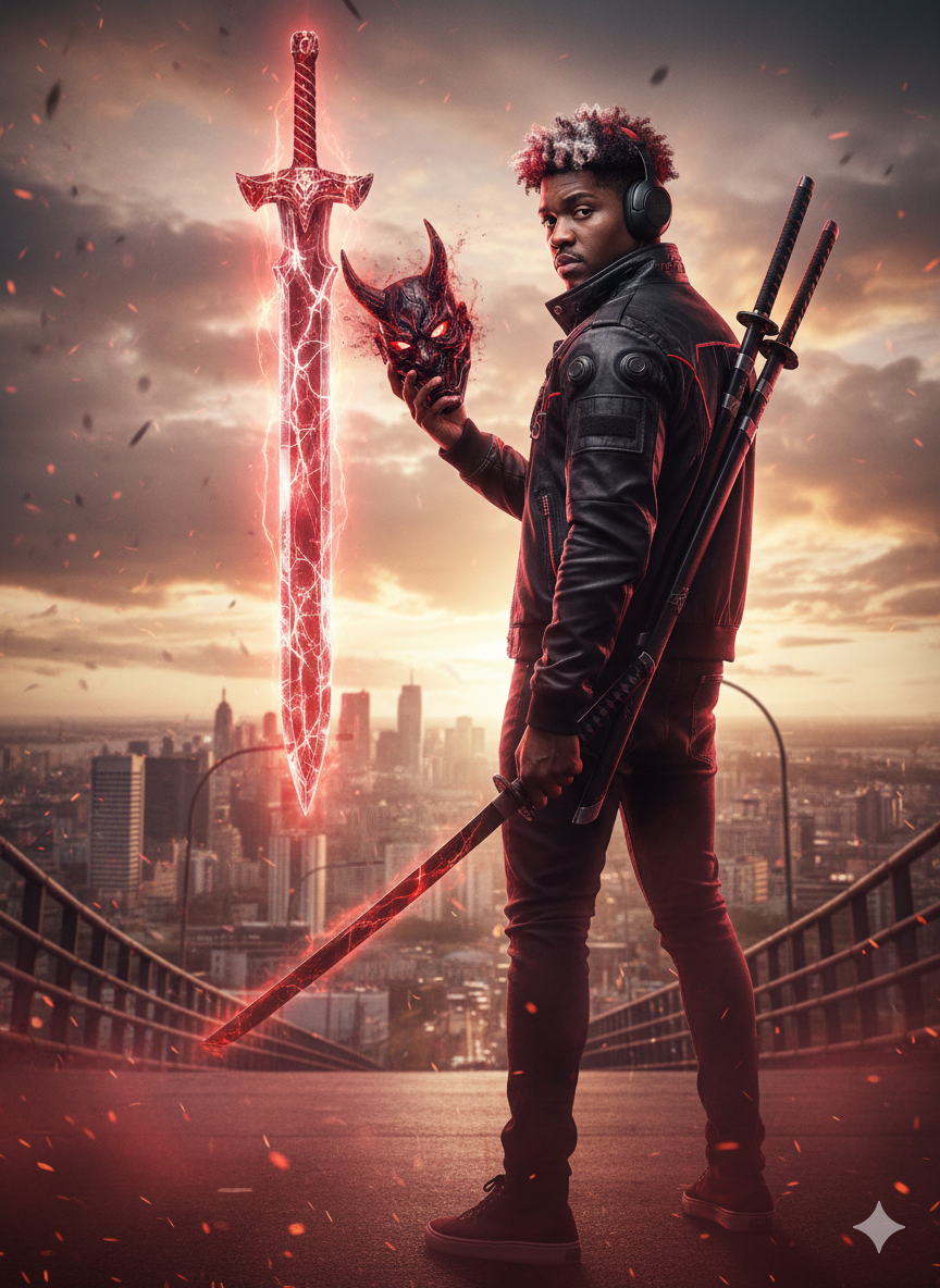 He stands on a massive urban bridge on the outskirts of a at sunset.