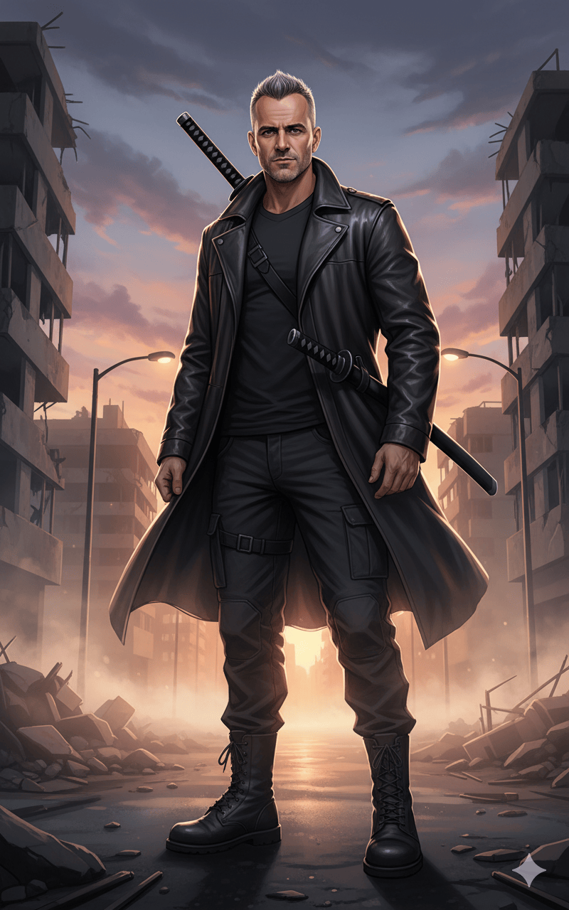 Hero in a destroyed city