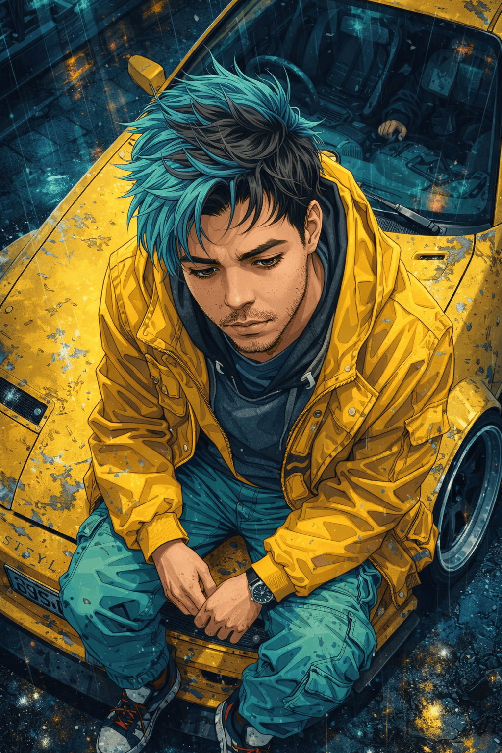 high-quality digital illustration in an anime-inspired cyberpunk urban style