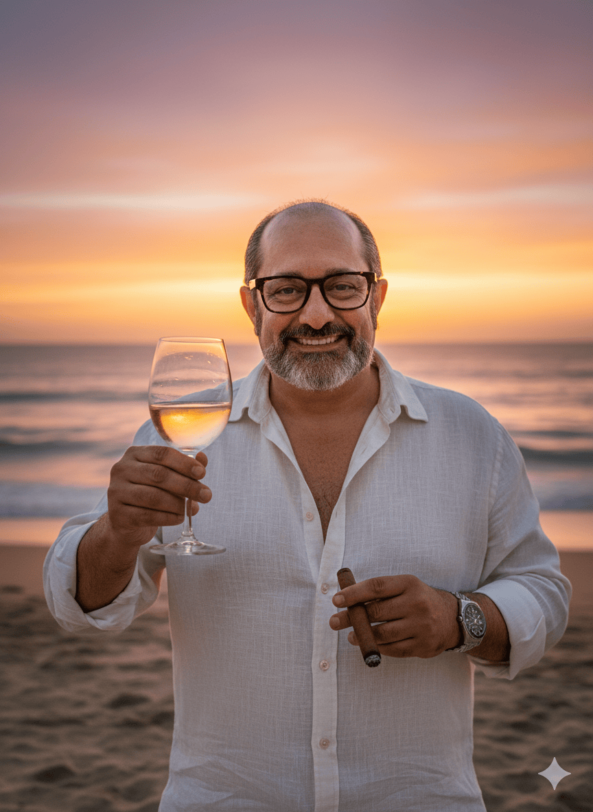 Homem ao entardecer feliz.