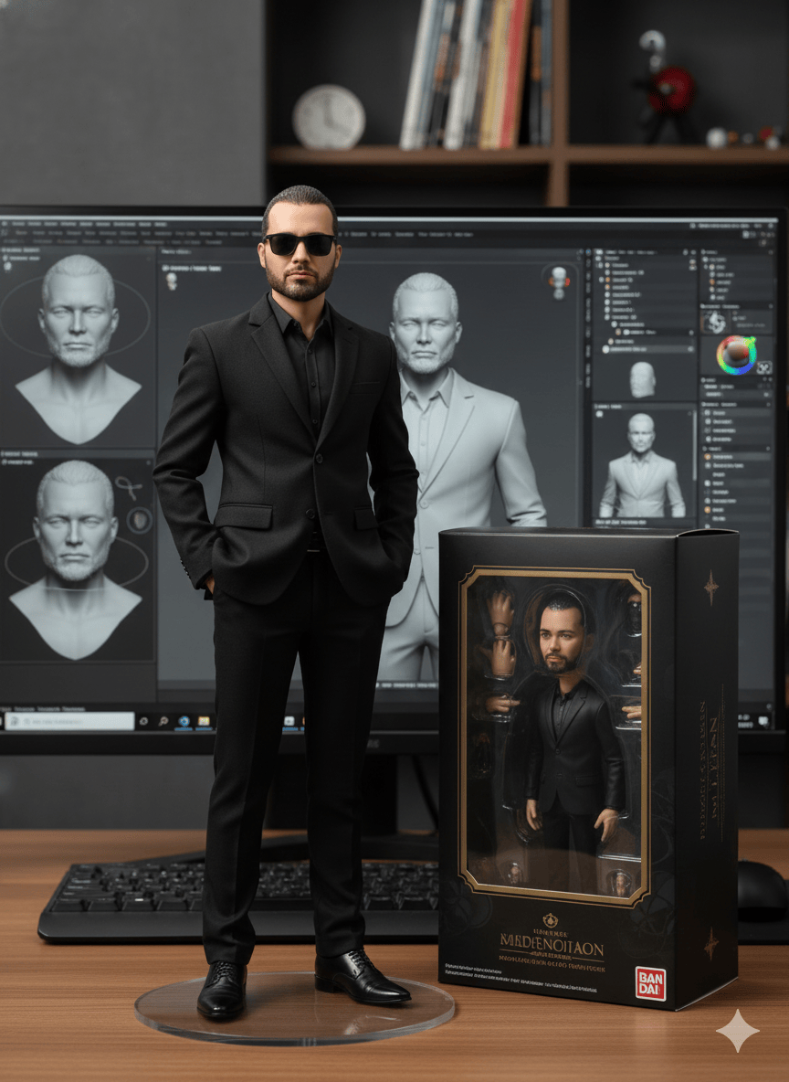 HOMEM DE PRETO ELEGANTE E BONECO NA CAIXA