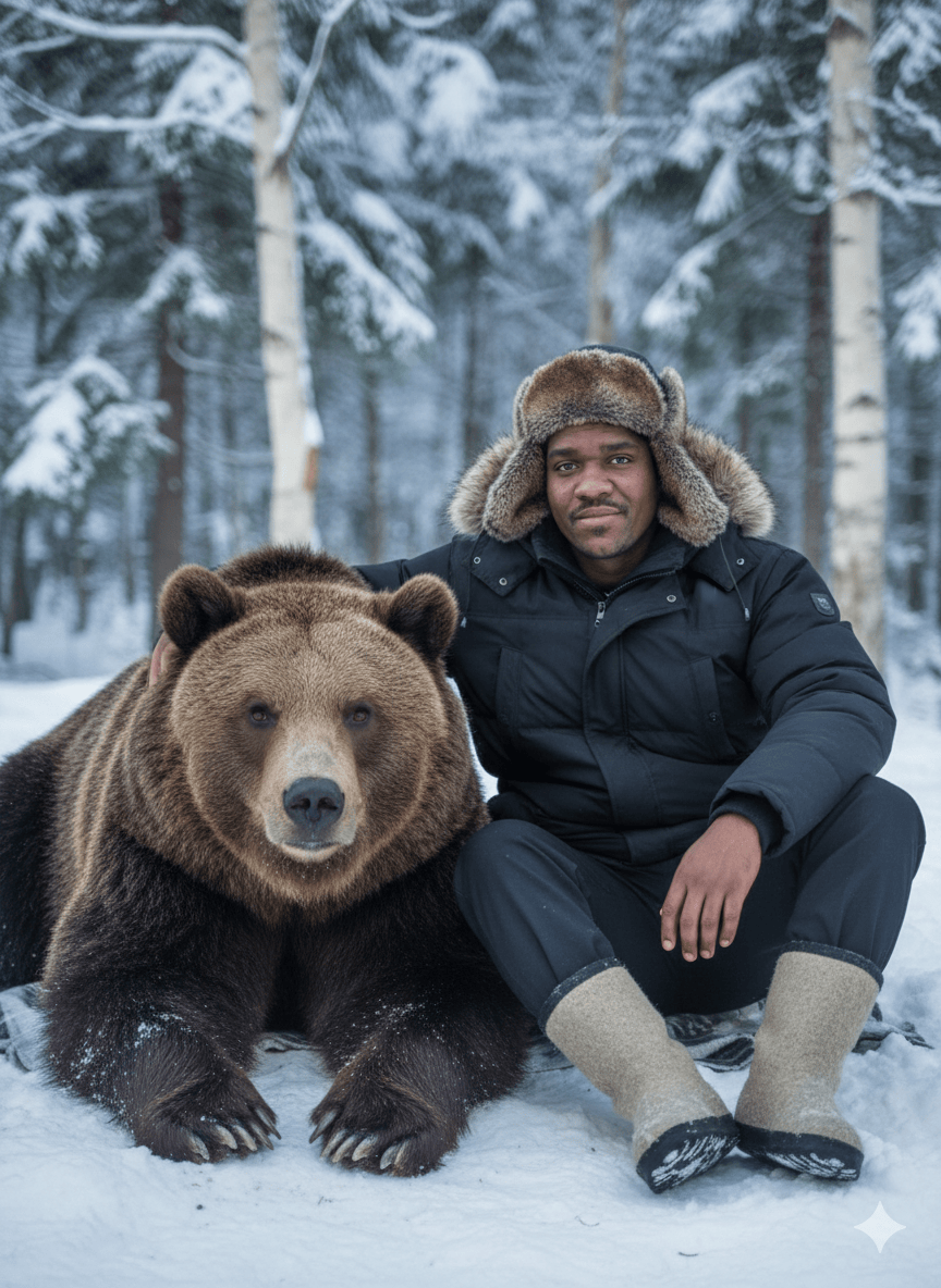 homem e um grande urso pardo