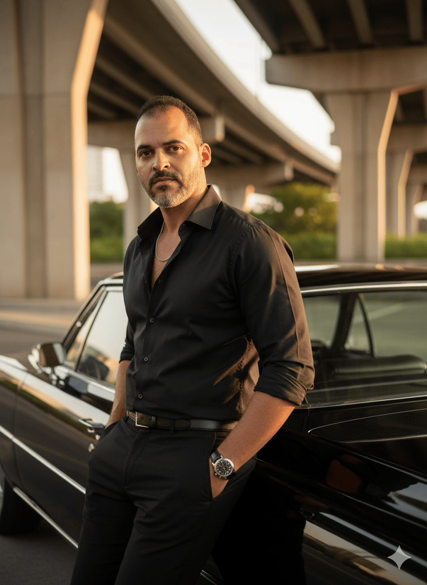 Homem estiloso encostado em carro antigo