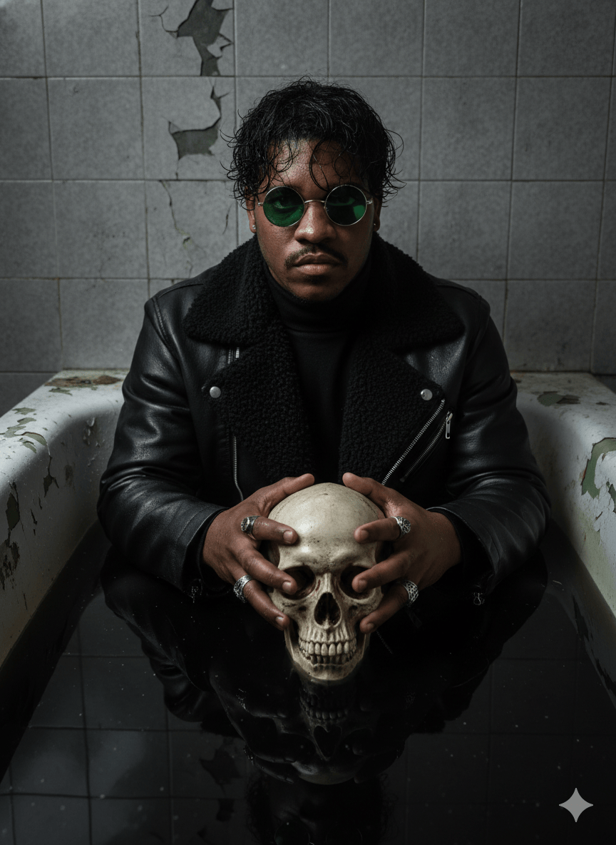 Homem misterioso e sombrio segurando um crnio