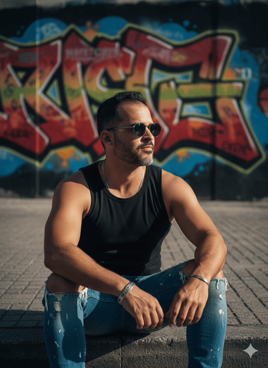 Homem sentando na calada Urban style