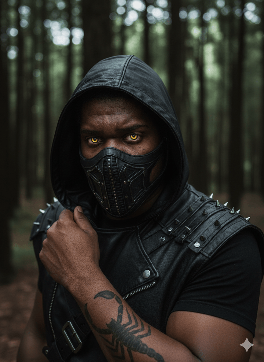 homem vestido com roupa escura e uma mscara