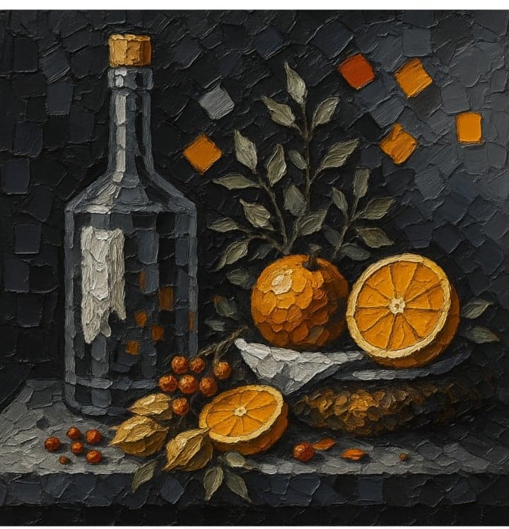 Impasto Oil Painting: Oranges and Bottle Textured Still Life Art with Autumn Hues
