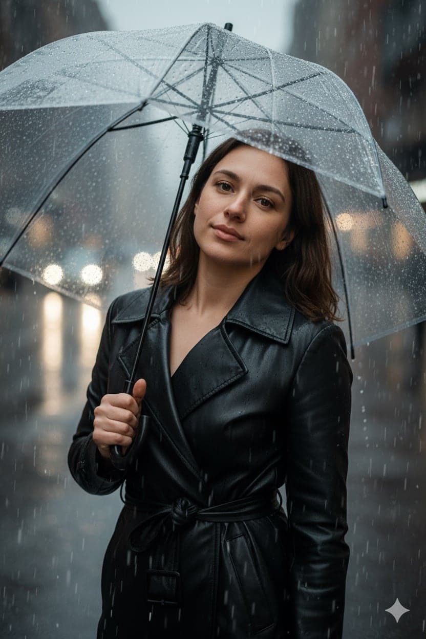 In rain with umbrella