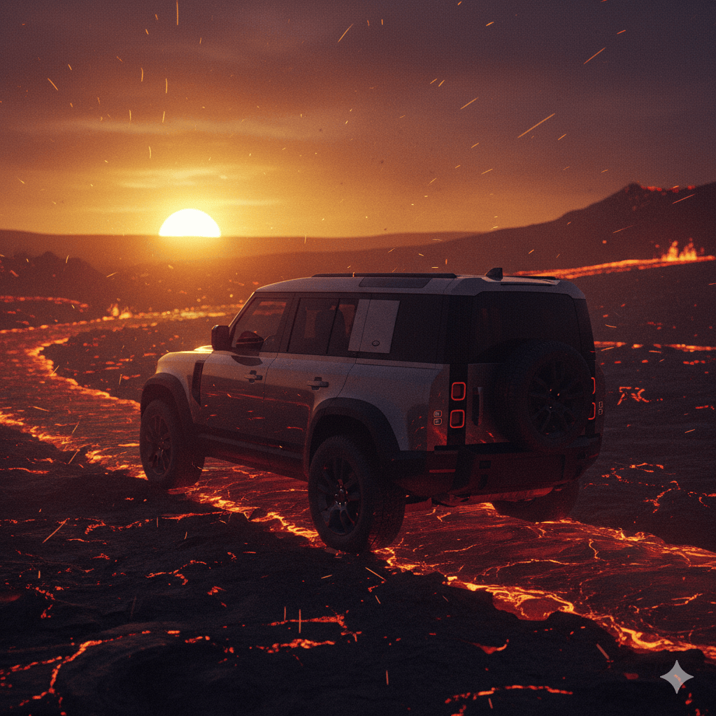 Land Rover Defender 110 2025 OCTA edition - Defender Against Erupting Volcano at Dusk