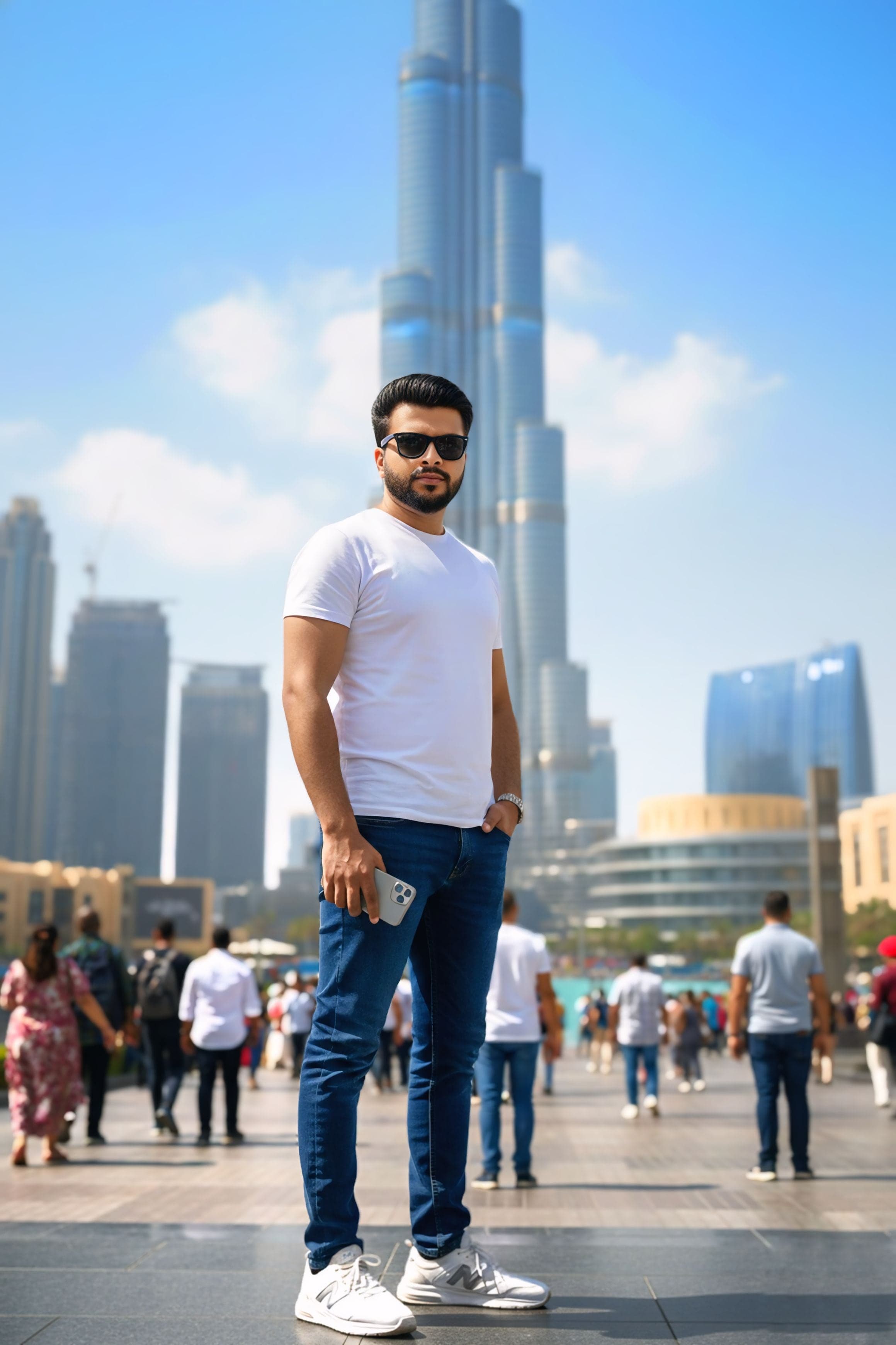 Man posing in front of The Burj Khalifa