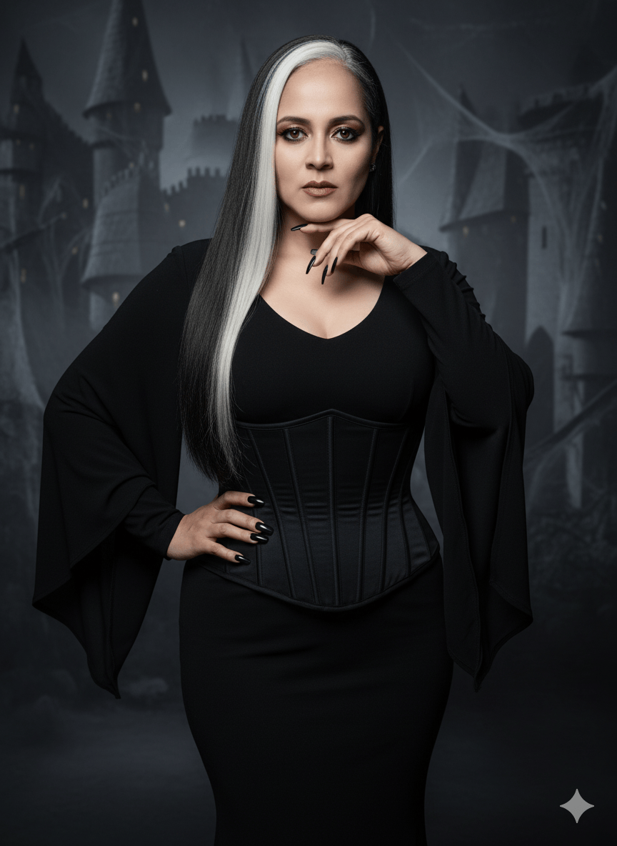 Mortcia Addams com mecha branca