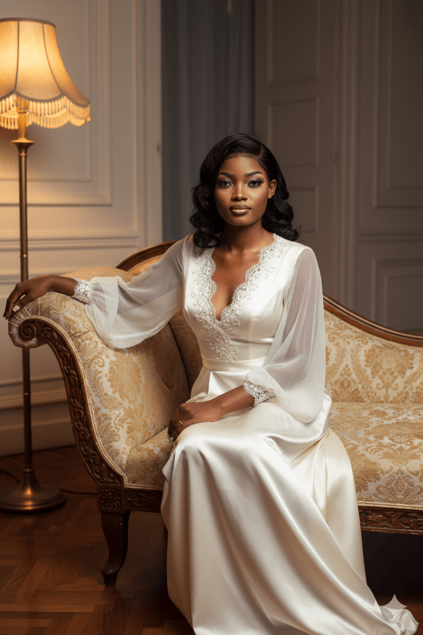 Mulher elegante em chaise vintage