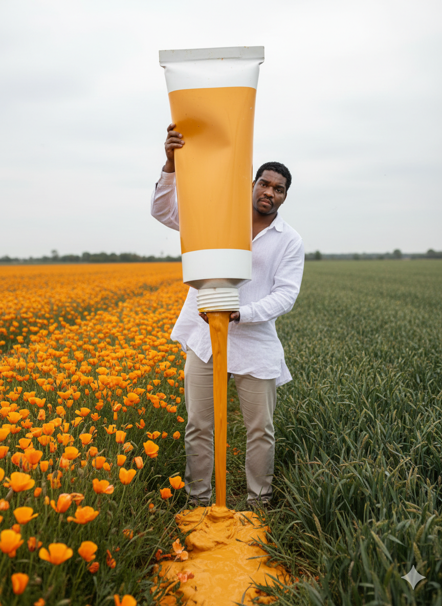 The paint tube is a warm, vibrant orange-yellow